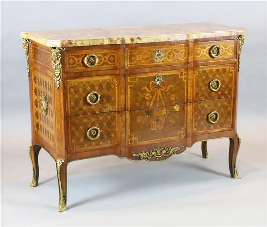 An early 20th century French Transitional style marquetry breakfront commode, W.4ft D.1ft 7.5in. H.2ft 11.5in.